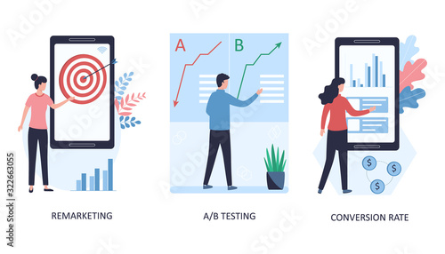 3 concepts remarketing, a / b testing, conversion rate. Testing advertisements to return potential and regular customers to the site, increasing conversions. Flat vector illustration white background.