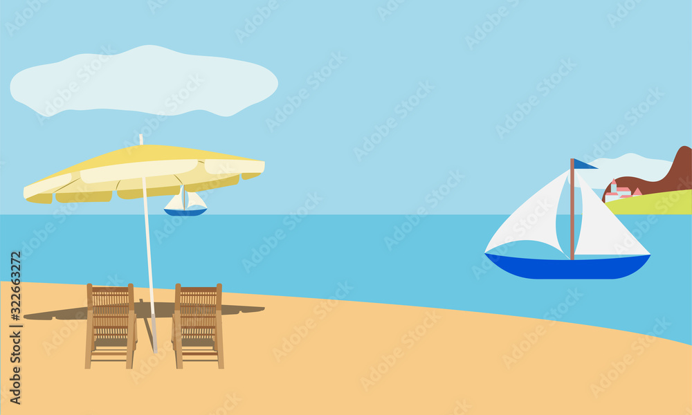 Playa con veleros y una sombrilla amarilla con sillas de madera.