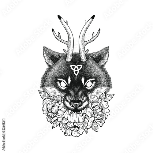 Hand drawn wicca wolf with peonies and horns