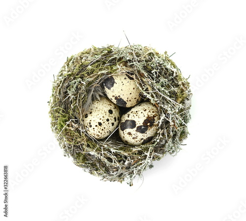 Eggs in a straw nest isolated on white background.