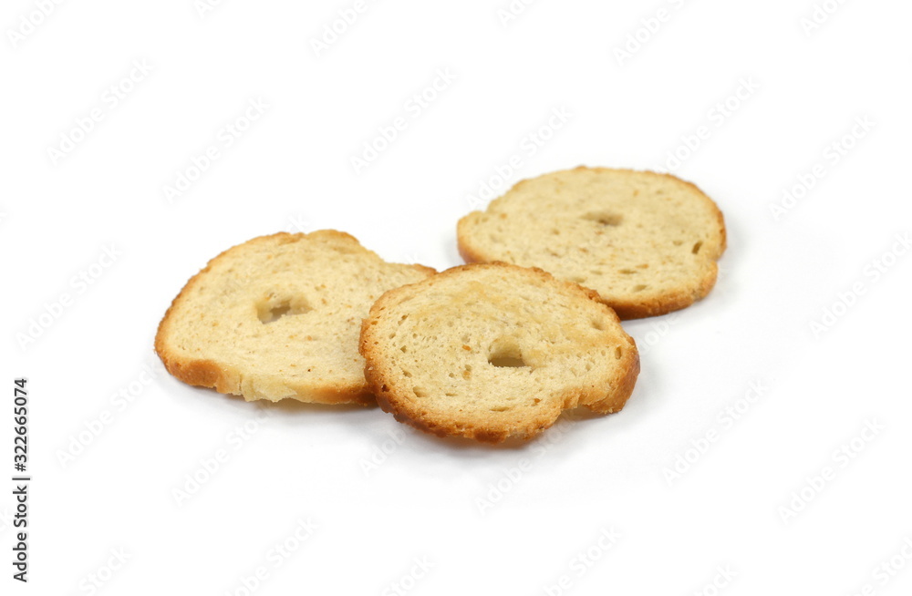 Sliced bruschetta on white background. Crusty bread bruschetta.