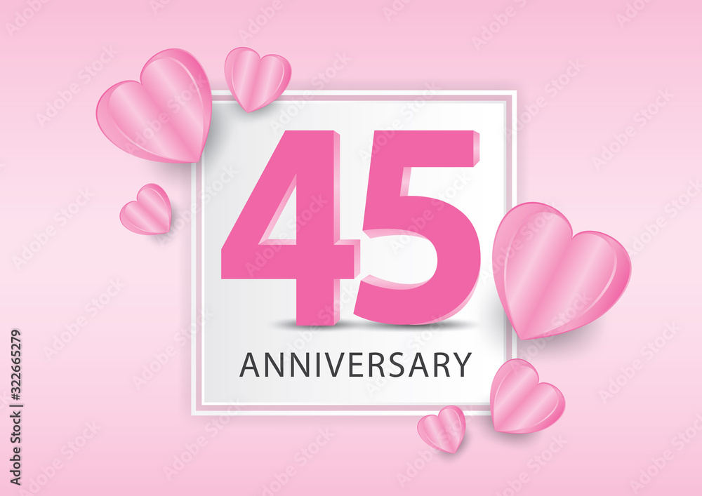 45 Years Anniversary Logo Celebration With heart background. Valentine’s Day Anniversary banner vector template