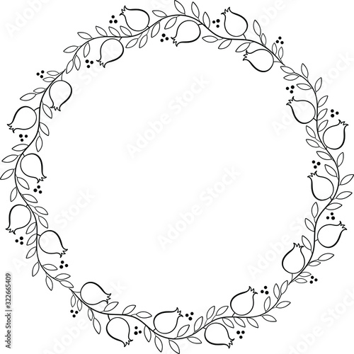 Black on transparent branches with pomegranates on it wreath.Copy space pomegranate circle framing for Rosh hashanah holiday, harvest festival decoration