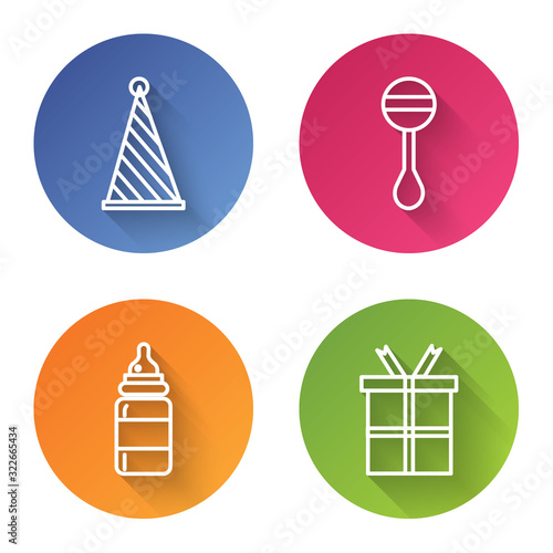 Set line Party hat, Rattle baby toy, Baby bottle and Gift box. Color circle button. Vector