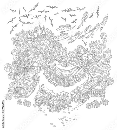 Vector outline contoured fantasy landscape, fairy tale small town on the hill, clothes dry, witches and demons flying on the broom to Sabbath. Black and white T shirt print, Adults Coloring Book page 