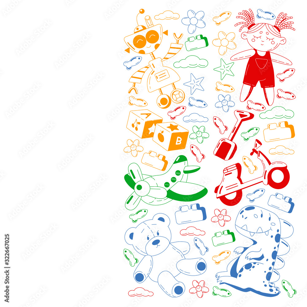 Kindergarten vector pattern with toys. Children play and grow together.