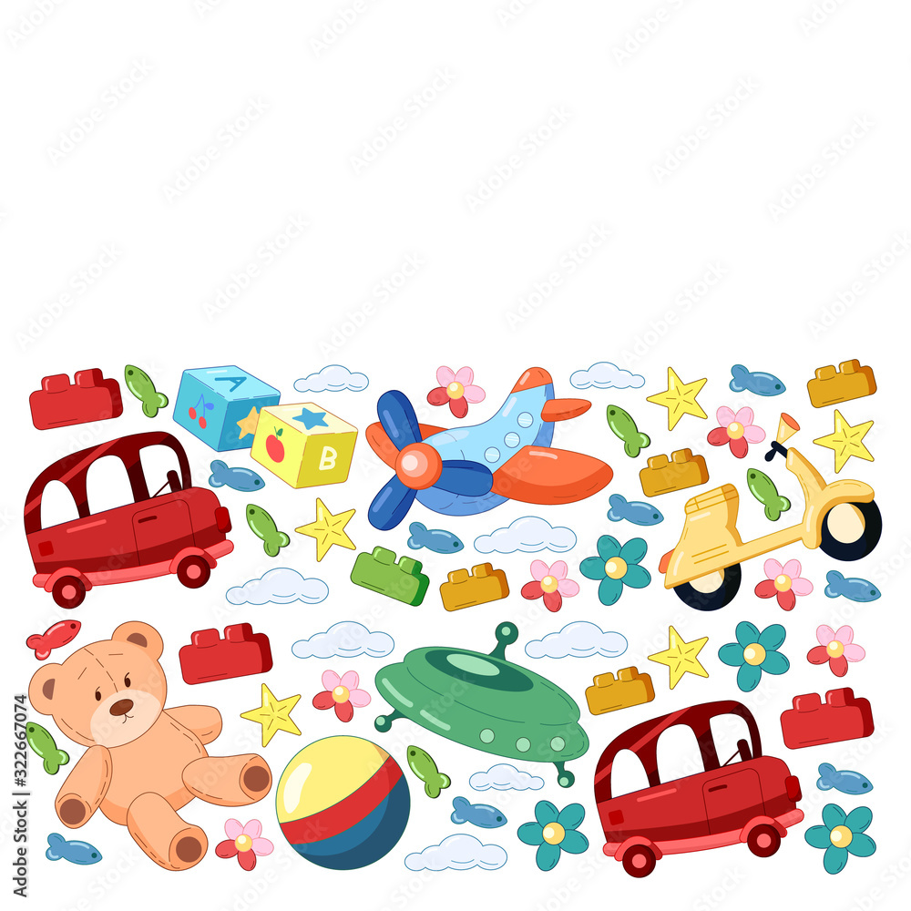 Kindergarten vector pattern with toys. Children play and grow together.