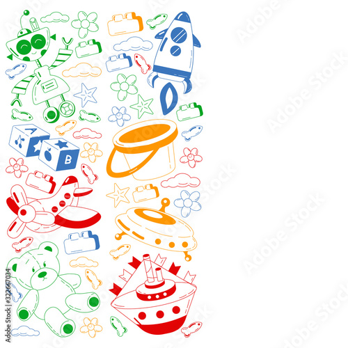 Kindergarten vector pattern with toys. Children play and grow together.