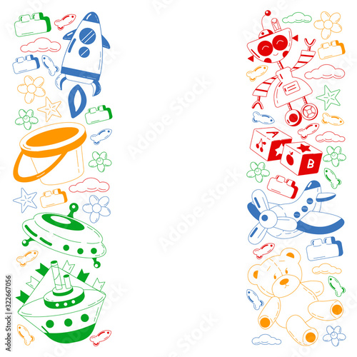 Kindergarten vector pattern with toys. Children play and grow together.