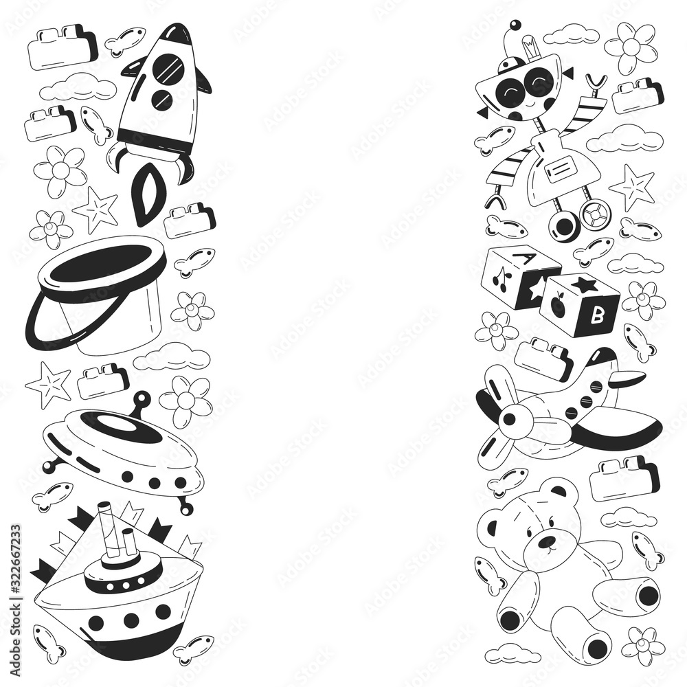 Fototapeta premium Kindergarten vector pattern with toys. Children play and grow together.