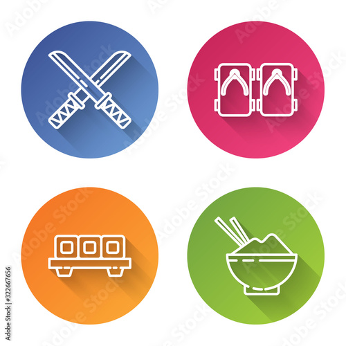 Set line Traditional Japanese katana, Geta traditional Japanese shoes, Sushi on cutting board and Rice in a bowl with chopstick. Color circle button. Vector
