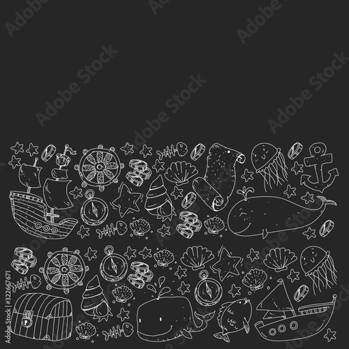 Vector set with underwater diving icons and pirate elements. Treasure chest, ship, octopus, diver. Little boys and kingergarten preschool girls summer vacation and adnventure