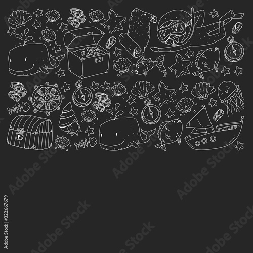 Vector set with underwater diving icons and pirate elements. Treasure chest, ship, octopus, diver. Little boys and kingergarten preschool girls summer vacation and adnventure
