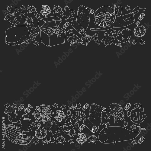 Vector set with underwater diving icons and pirate elements. Treasure chest, ship, octopus, diver. Little boys and kingergarten preschool girls summer vacation and adnventure