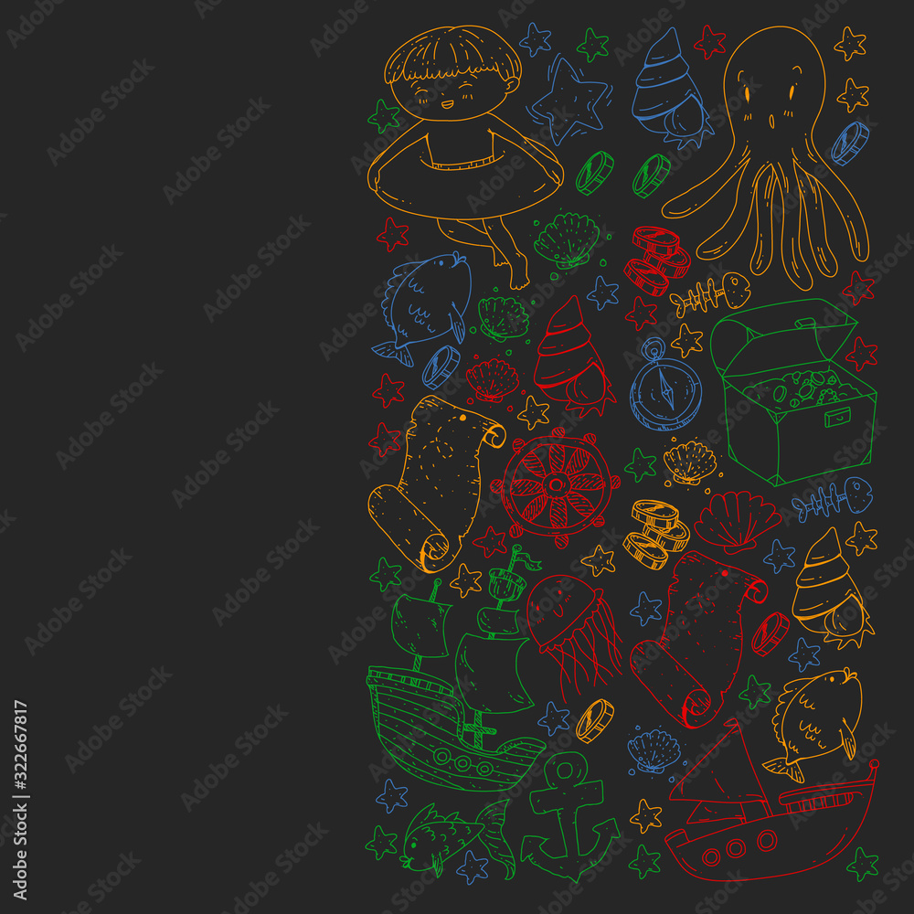 Vector set with underwater diving icons and pirate elements. Treasure chest, ship, octopus, diver. Little boys and kingergarten preschool girls summer vacation and adnventure Vector set with underwater diving icons and pirate elements. Treasure chest, ship, octopus, diver. Little boys and kingergarten preschool girls summer vacation and adnventure