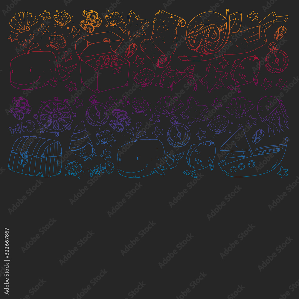 Vector set with underwater diving icons and pirate elements. Treasure chest, ship, octopus, diver. Little boys and kingergarten preschool girls summer vacation and adnventure