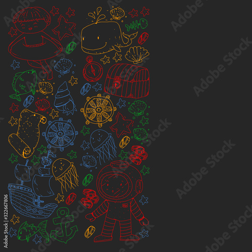Vector set with underwater diving icons and pirate elements. Treasure chest, ship, octopus, diver. Little boys and kingergarten preschool girls summer vacation and adnventure