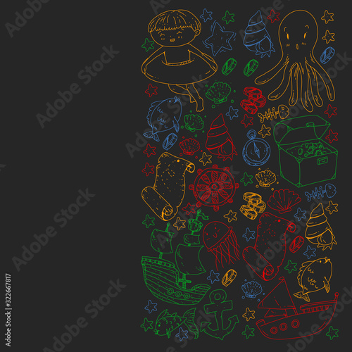 Vector set with underwater diving icons and pirate elements. Treasure chest, ship, octopus, diver. Little boys and kingergarten preschool girls summer vacation and adnventure