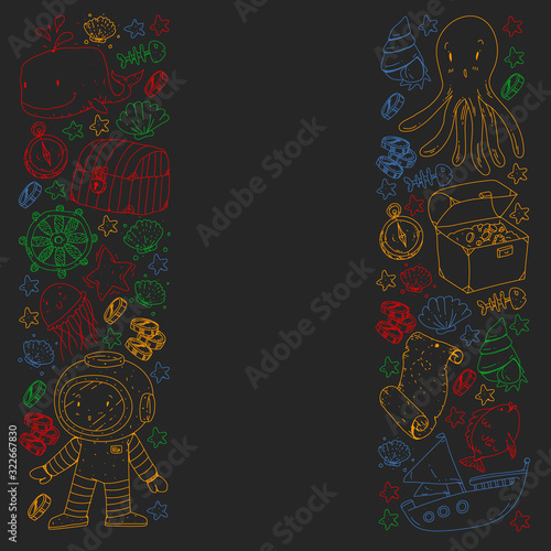 Vector set with underwater diving icons and pirate elements. Treasure chest, ship, octopus, diver. Little boys and kingergarten preschool girls summer vacation and adnventure