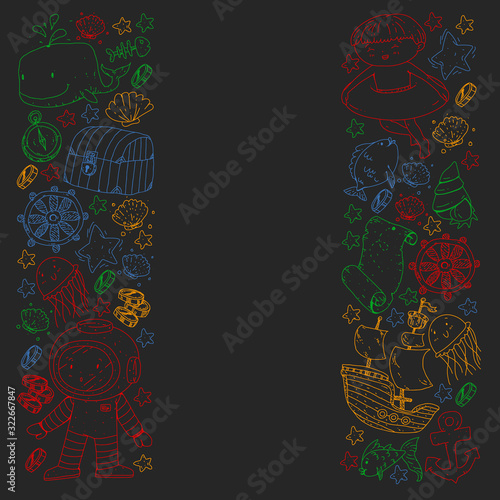 Vector set with underwater diving icons and pirate elements. Treasure chest, ship, octopus, diver. Little boys and kingergarten preschool girls summer vacation and adnventure