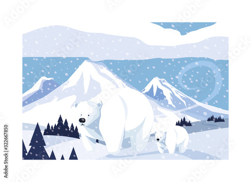 polar bear with cub at the north pole, arctic landscape