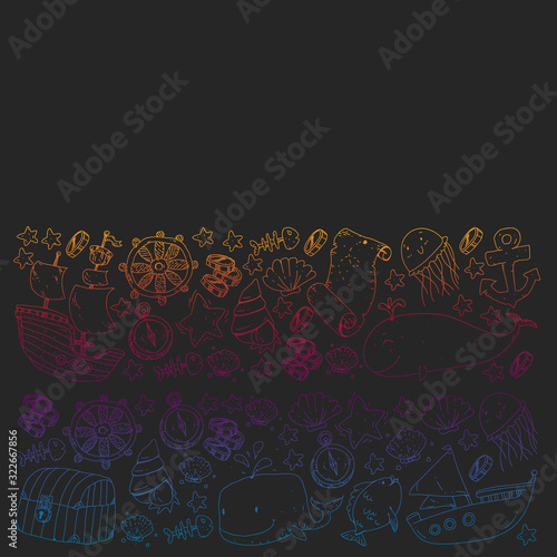 Vector set with underwater diving icons and pirate elements. Treasure chest, ship, octopus, diver. Little boys and kingergarten preschool girls summer vacation and adnventure