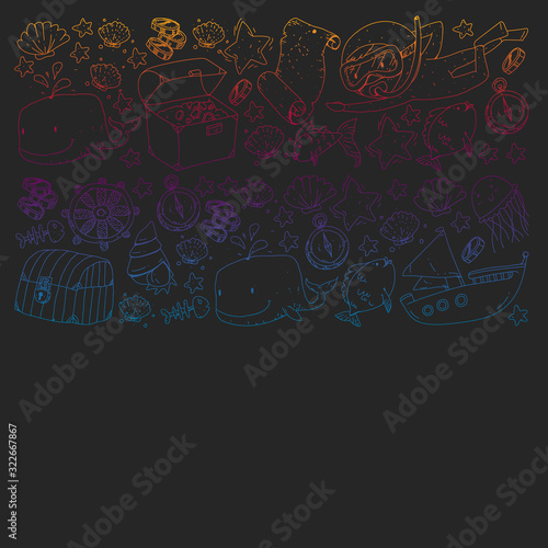 Vector set with underwater diving icons and pirate elements. Treasure chest, ship, octopus, diver. Little boys and kingergarten preschool girls summer vacation and adnventure