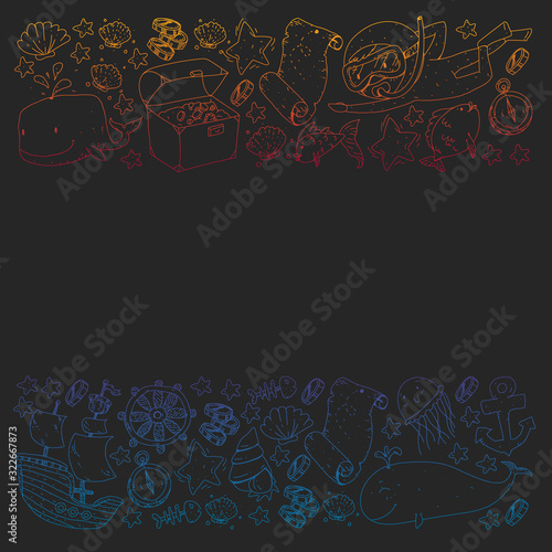 Vector set with underwater diving icons and pirate elements. Treasure chest, ship, octopus, diver. Little boys and kingergarten preschool girls summer vacation and adnventure