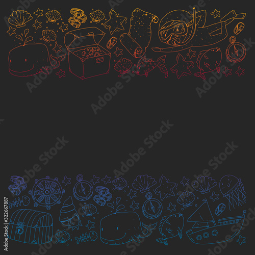 Vector set with underwater diving icons and pirate elements. Treasure chest, ship, octopus, diver. Little boys and kingergarten preschool girls summer vacation and adnventure