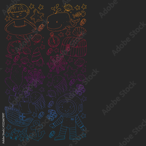 Vector set with underwater diving icons and pirate elements. Treasure chest, ship, octopus, diver. Little boys and kingergarten preschool girls summer vacation and adnventure
