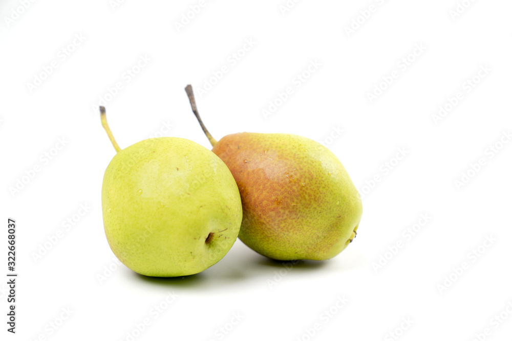 Isolated two fresh green Chinese pear on white background. Clipping path. Isolated two fresh green Chinese pear on white background. Clipping path.