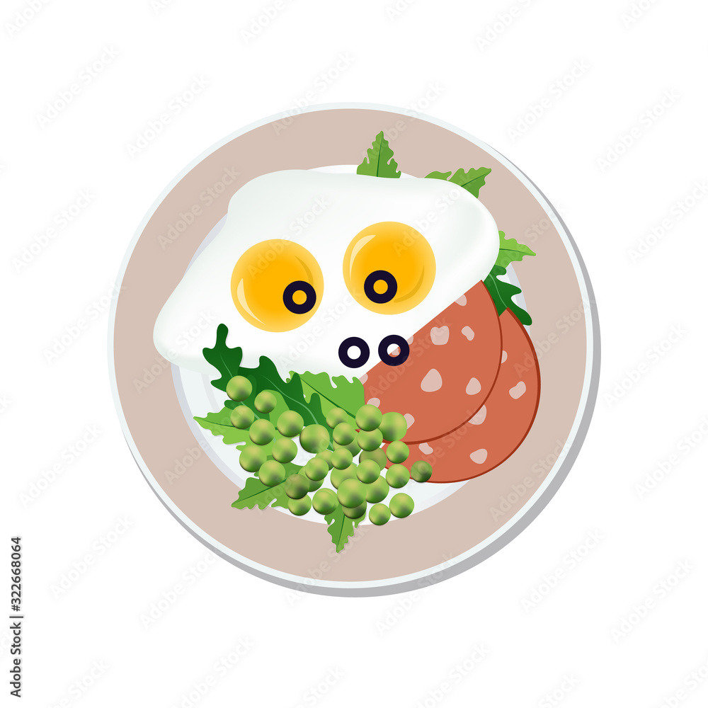 Fried egg, tomato and green pea on a plate, isolated on a white background. Food ads are used for menus, the Internet, advertising. Vector