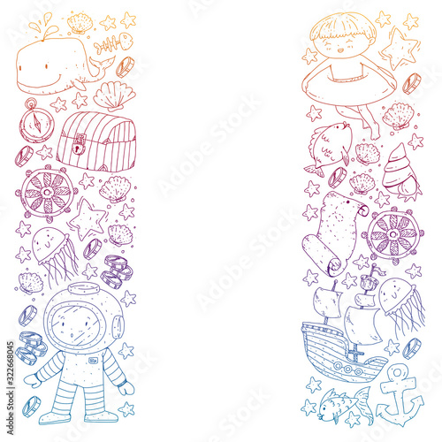 Vector set with underwater diving icons and pirate elements. Treasure chest, ship, octopus, diver. Little boys and kingergarten preschool girls summer vacation and adnventure