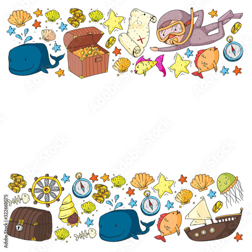 Vector set with underwater diving icons and pirate elements. Treasure chest, ship, octopus, diver. Little boys and kingergarten preschool girls summer vacation and adnventure