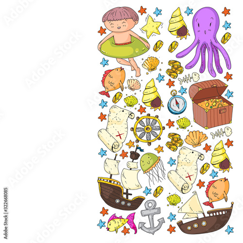Vector set with underwater diving icons and pirate elements. Treasure chest, ship, octopus, diver. Little boys and kingergarten preschool girls summer vacation and adnventure