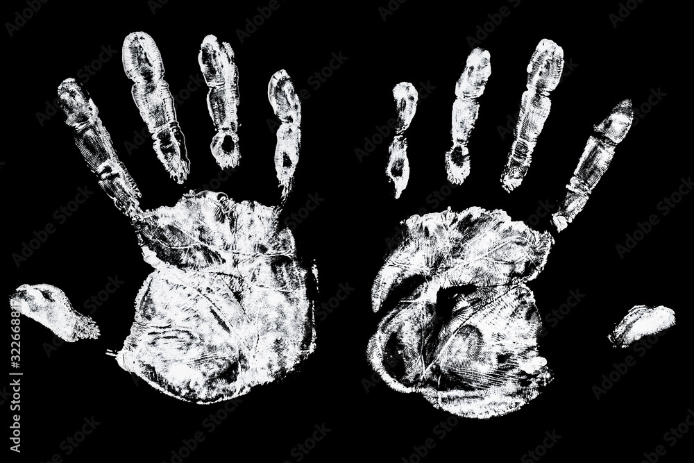White hand mark. Paint palm print isolated on black. Finger imprint on paper. Criminology symbol background. White hand mark. Paint palm print isolated on black. Finger imprint on paper. Criminology symbol background.