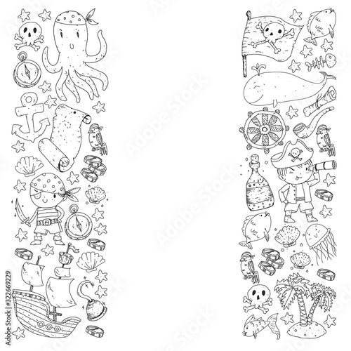 Pirate party. Illustrations for little children. Kids birthday celebration with treasure island, octopus, pirates