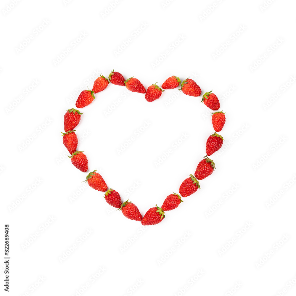 Heart shape of strawberries in the line. Red fresh strawberry in studio light on the pure white background. Heart shape of strawberries in the line. Red fresh strawberry in studio light on the pure white background.