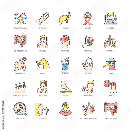Infectious diseases RGB color icons set. Different pandemic infections, contagious viral illnesses. Dangerous bacterial viruses. Various bacterial pathogens isolated vector illustrations