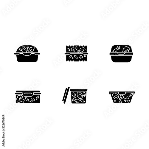 Plastic salad containers black glyph icons set on white space. Reusable food packages. Lunch boxes. Packed dinner. Take out meal storage. Silhouette symbols. Vector isolated illustration