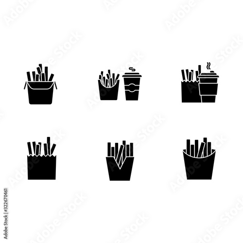 French fries black glyph icons set on white space. Fast food cafe menu. Fried potato in takeout paper packages. Take away meal and coffee to go. Silhouette symbols. Vector isolated illustration