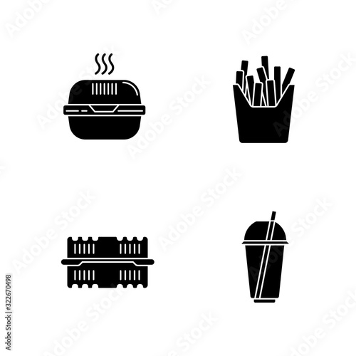 Takeaway food packages black glyph icons set on white space. Burger cardboard box, plastic container, disposable cup with straw, french fries pack. Silhouette symbols. Vector isolated illustration