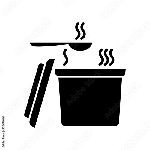 Takeout hot food container black glyph icon. Takeaway soup pack with spoon. Convenience food, instant carry out meal plastic package. Silhouette symbol on white space. Vector isolated illustration