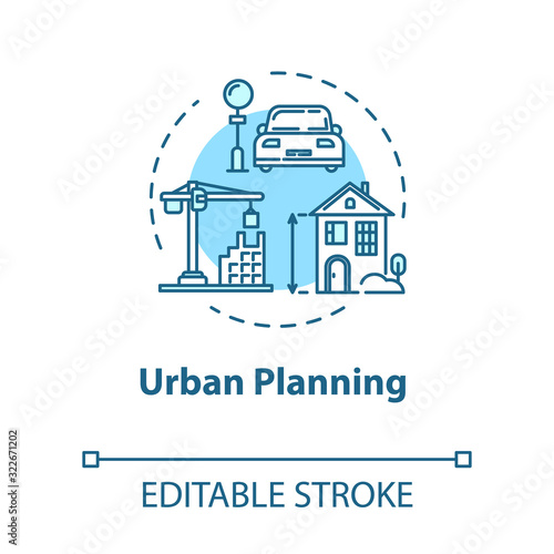 Urban planning concept icon. Infrastructure and transportation. Housing in town. Building construction idea thin line illustration. Vector isolated outline RGB color drawing. Editable stroke