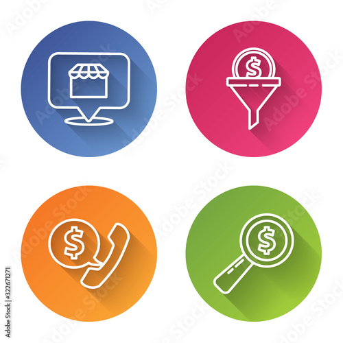 Set line Online shopping concept, Lead management, Telephone handset and speech bubble chat and Magnifying glass and dollar. Color circle button. Vector