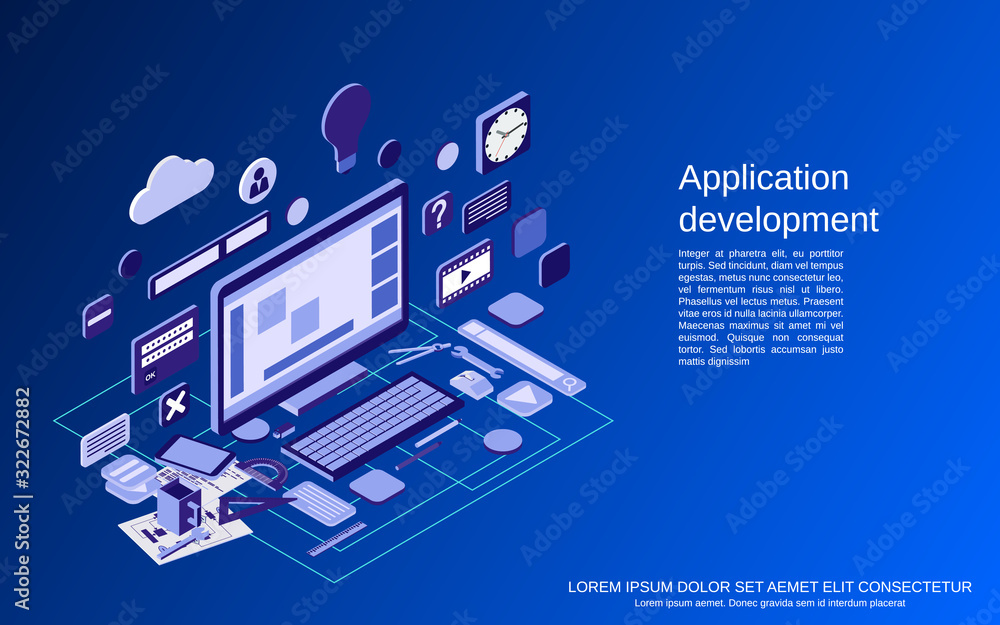 Application development, SEO process, algorithm optimization, website construction flat 3d isometric vector concept illustration Application development, SEO process, algorithm optimization, website construction flat 3d isometric vector concept illustration