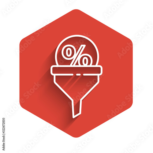 White line Lead management icon isolated with long shadow. Funnel with discount percent. Target client business concept. Red hexagon button. Vector Illustration