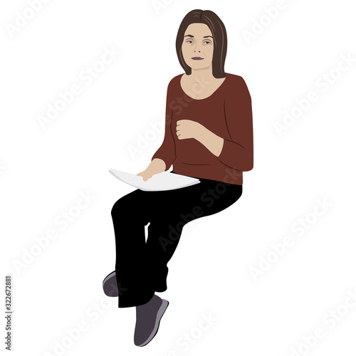 Isolated vector illustration. Sitting sad young woman holding a letter or sheet of paper. Cartoon style.