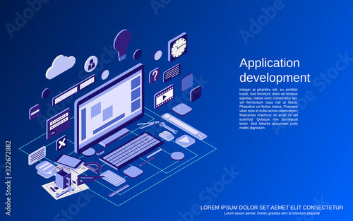 Application development, SEO process, algorithm optimization, website construction flat 3d isometric vector concept illustration