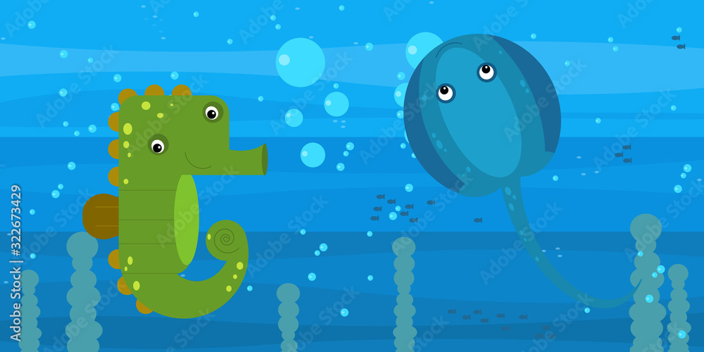 Funny cartoon undersea scene with swimming coral reef fishes illustration Funny cartoon undersea scene with swimming coral reef fishes illustration